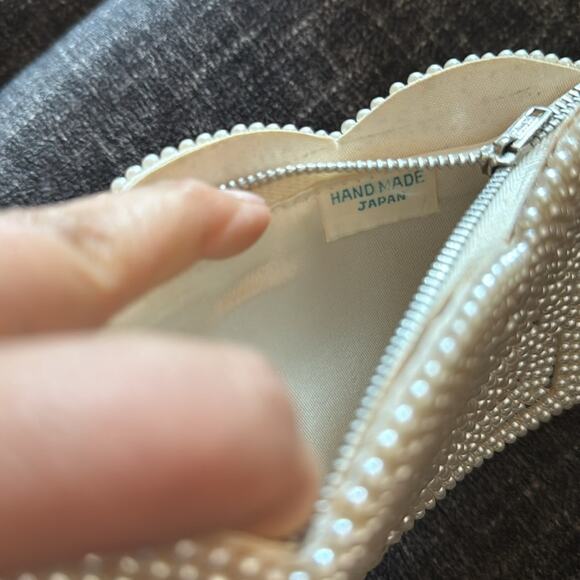 Vintage Beaded Evening Bag Handmade in Japan. Zipper Purse/Clutch Cream - Picture 7 of 8